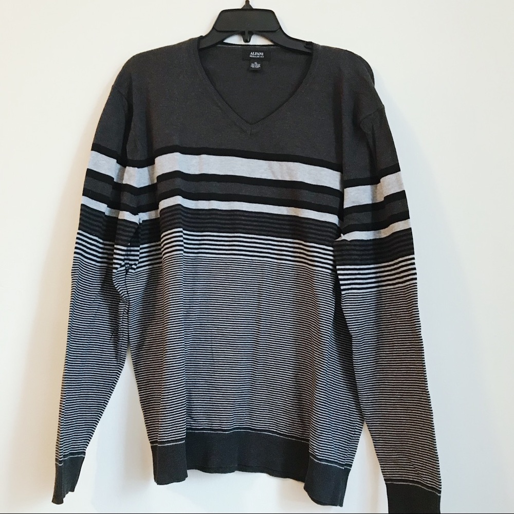 Alfani XL Gray Black Striped V-Neck Sweater